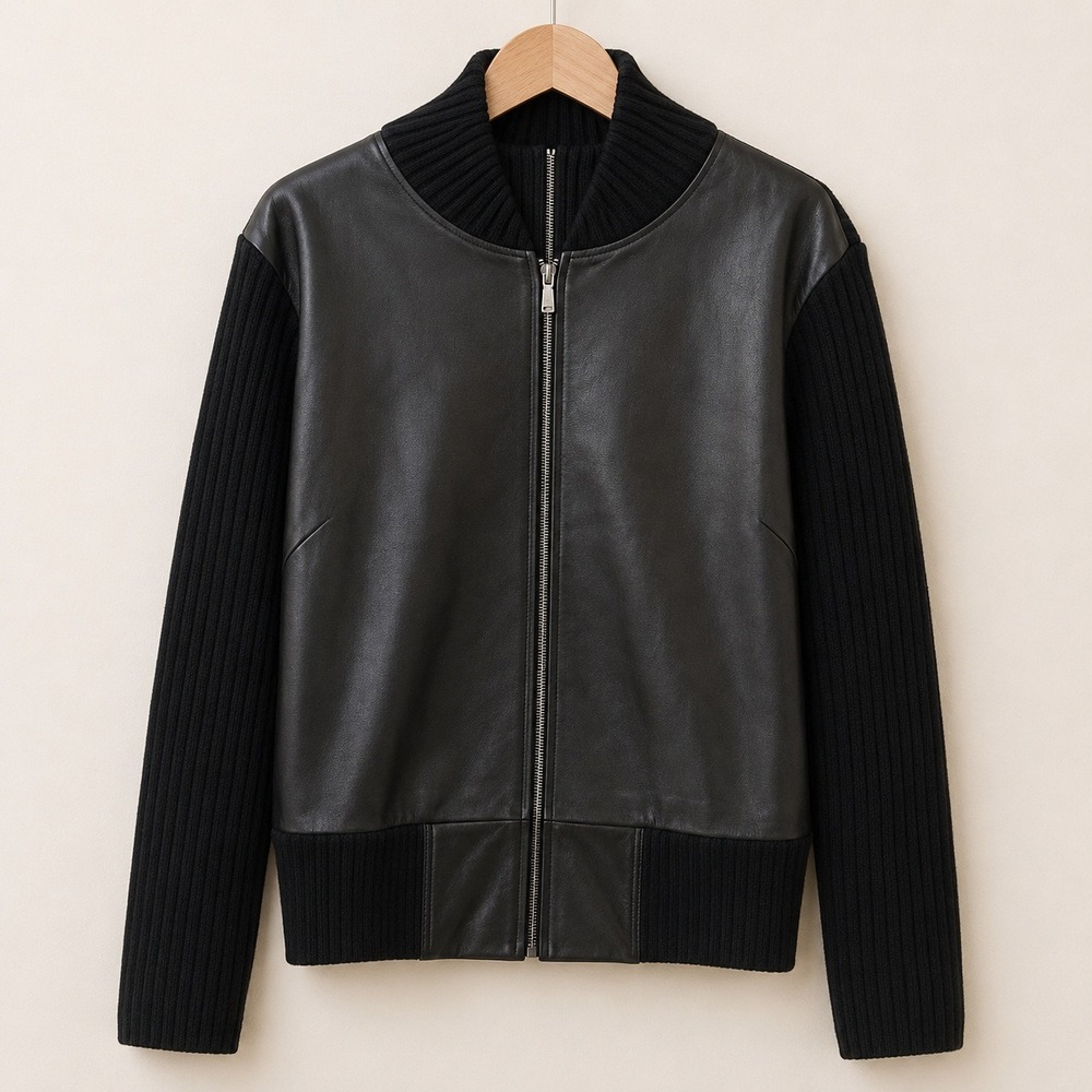Biker Core Leather Wool Knit Jacket Womens M Black Dark Academia Luxe